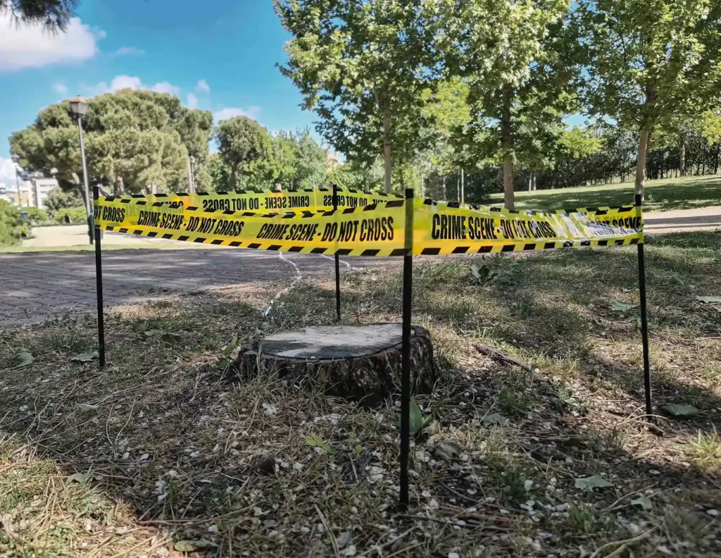 The image depicts a tree trunk viewed from a low angle, revealing its felled nature. The clear sky and bright sun frame the scene. Police tape with the phrase "Crime scene, do not cross" surrounds the trunk, symbolizing the tragedy of the tree being felled, considered an act of violence against nature.