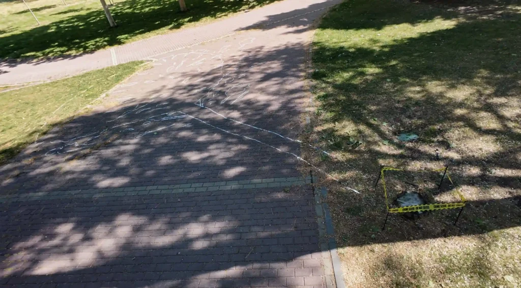 This image captures an overhead, showing a white line representing the outline of where the cut tree should have fallen view revealing another area of the artistic installation. On the brick ground, a white chalk outline depicts the body of a victim, merging with the outline of a fallen tree. This striking detail symbolizes the tragedy of taking the life of a living being. The chalk tracing extends gracefully across the ground, occupying as much space as a real tree. In the background, glimpses of the corners of the park where this artistic intervention took place are visible, adding depth and context to the piece