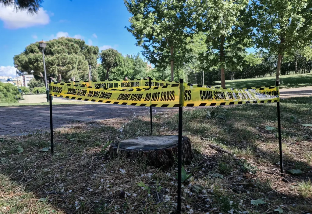 The image depicts a tree trunk viewed from a low angle, revealing its felled nature. The clear sky and bright sun frame the scene. Police tape with the phrase "Crime scene, do not cross" surrounds the trunk, symbolizing the tragedy of the tree being felled, considered an act of violence against nature.