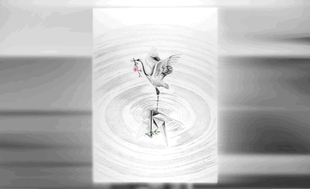 Pencil drawing of an origami crane holding an olive branch in its beak. It is on the water and its reflection is a Japanese royal crane holding a sakura tree branch in its beak.