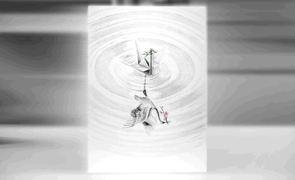 Pencil drawing of an origami crane holding an olive branch in its beak. It is on the water and its reflection is a Japanese royal crane holding a sakura tree branch in its beak.