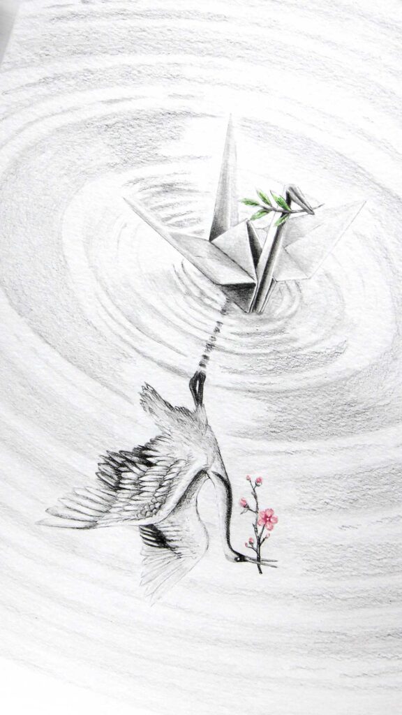 Pencil drawing of an origami crane holding an olive branch in its beak. It is on the water and its reflection is a Japanese royal crane holding a sakura tree branch in its beak.
