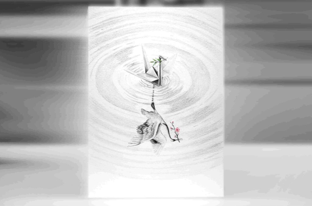 Pencil drawing of an origami crane holding an olive branch in its beak. It is on the water and its reflection is a Japanese royal crane holding a sakura tree branch in its beak.