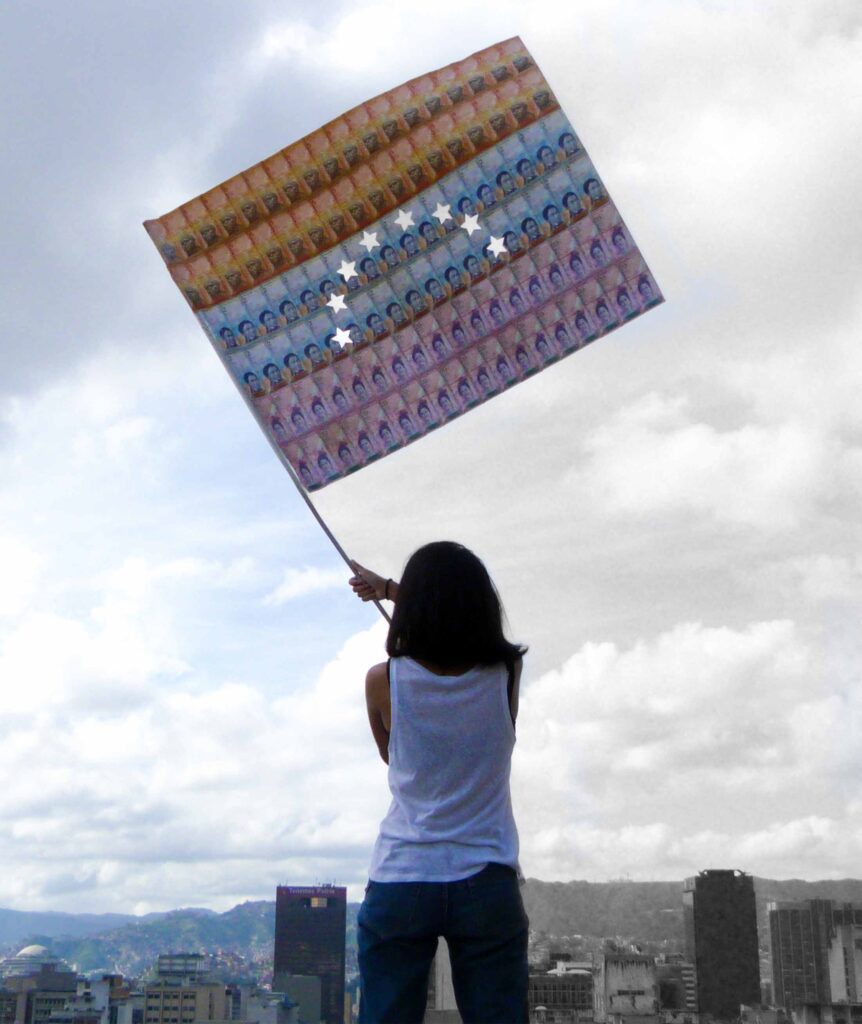 Image of the Venezuelan flag created with the country's banknotes; hyperinflation has rendered the country's currency worthless.