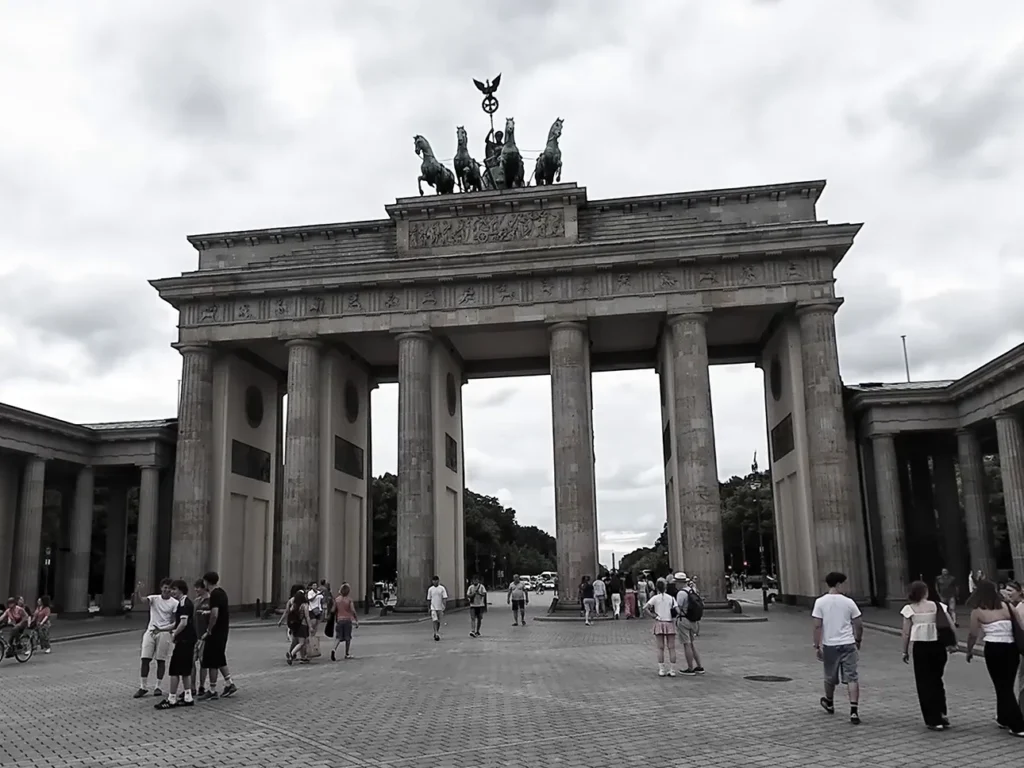 View of the illuminated Brandenburg Gate in Berlin